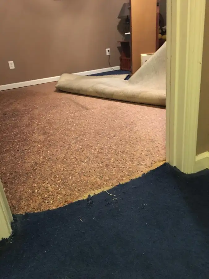 Carpet pad removal revealing water damage during Water Mitigation Services in Plover